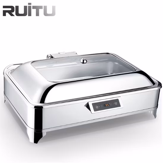 Cinco estrelas Guangzhou Hotel fornece equipamentos de cozinha 6L Roll Top Gold Catering Buffet Chafing Dish Food Warmer Talheres Conjunto de luxo para hotéis e restaurantes